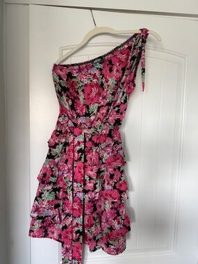 BTFBM - Steeple Chase One-Shoulder Floral Dress with Pink Blooms